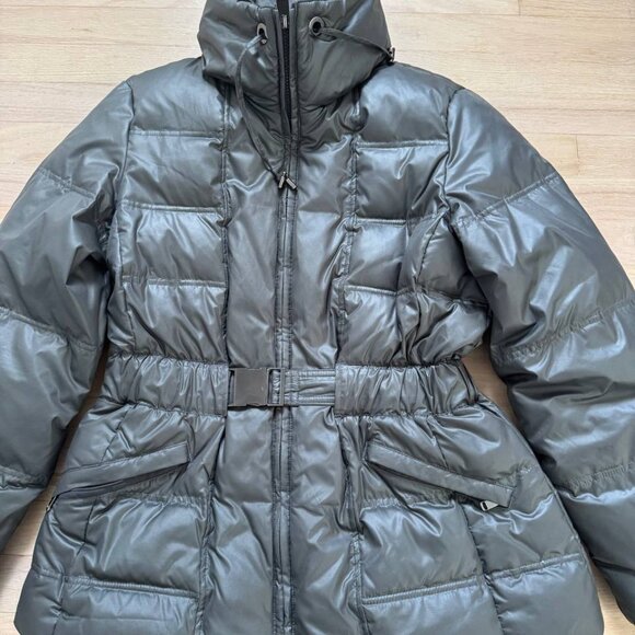 Grey London Fog puffer Downed jacket with belt women’s Large #winterjacket - Picture 2 of 8
